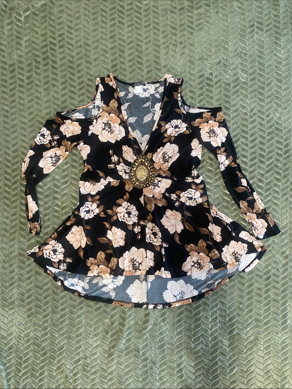 VENUS Black Floral Cold-Shoulder Peplum Top with Embellished Accent